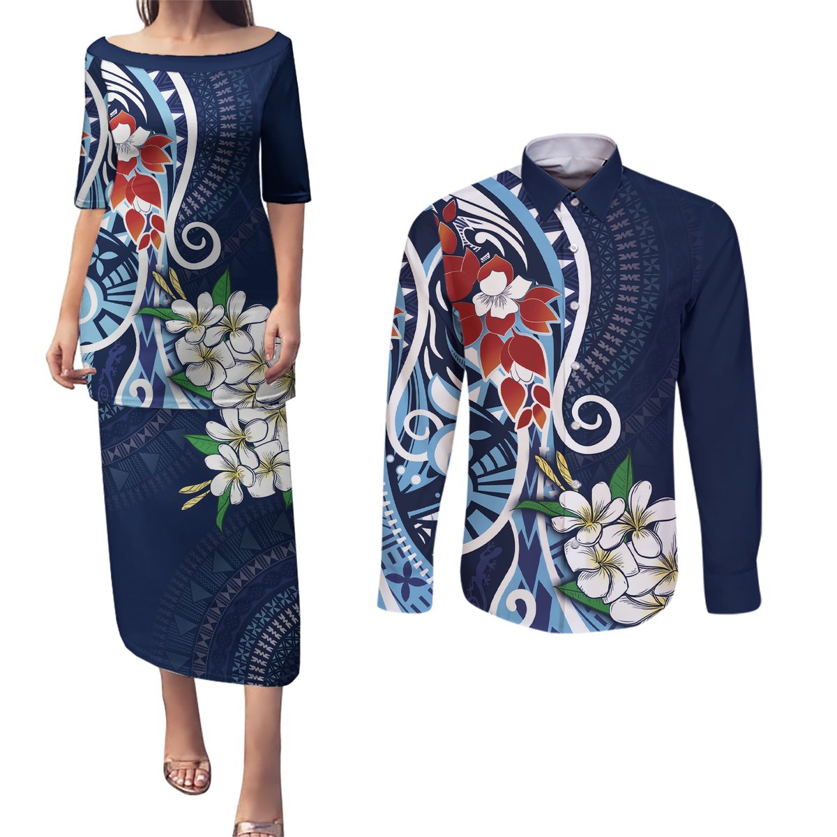 Bula Fiji Tagimaucia Mix Plumeria Masi Tapa Couples Matching Puletasi and Long Sleeve Button Shirt Blue LT7 Blue - Polynesian Pride
