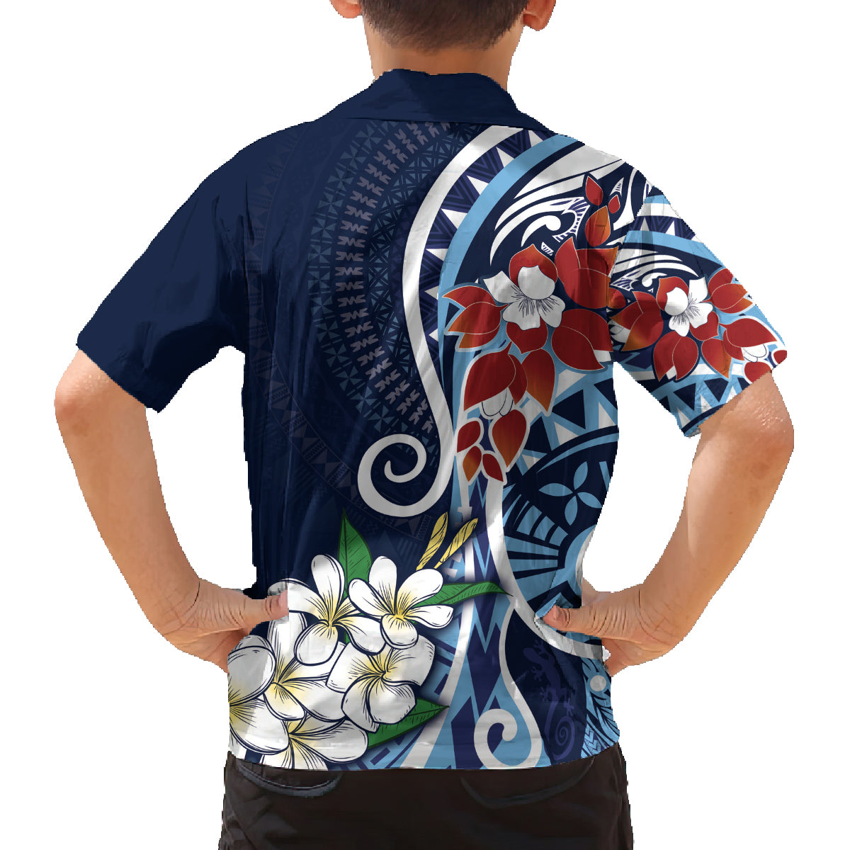 Bula Fiji Tagimaucia Mix Plumeria Masi Tapa Family Matching Long Sleeve Bodycon Dress and Hawaiian Shirt Blue LT7 - Polynesian Pride