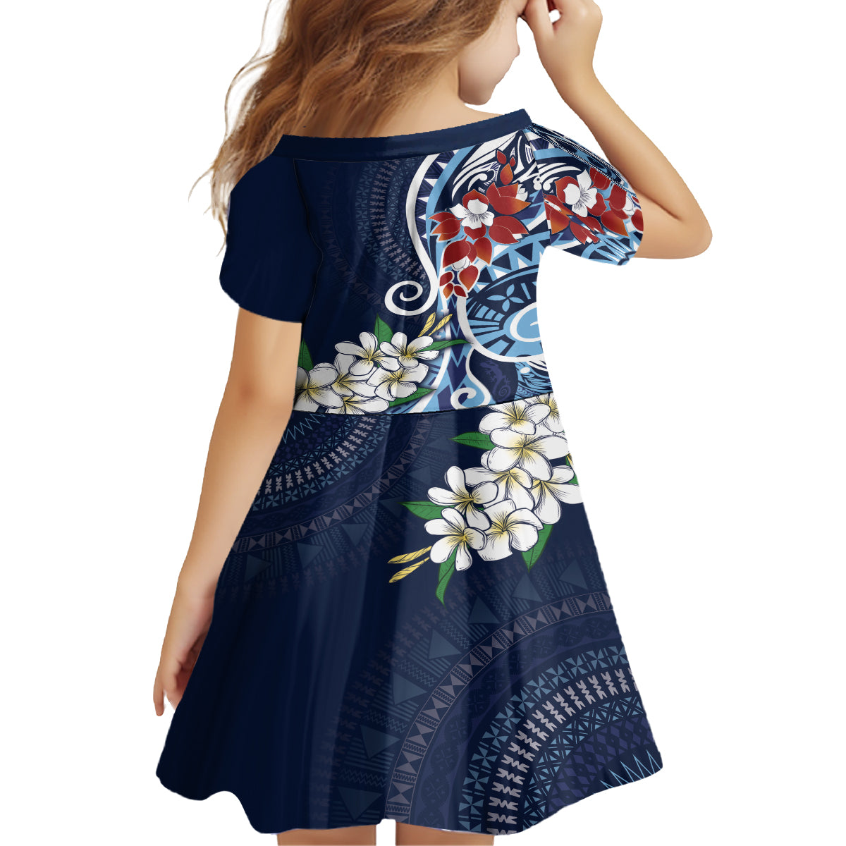 Bula Fiji Tagimaucia Mix Plumeria Masi Tapa Family Matching Long Sleeve Bodycon Dress and Hawaiian Shirt Blue LT7 - Polynesian Pride