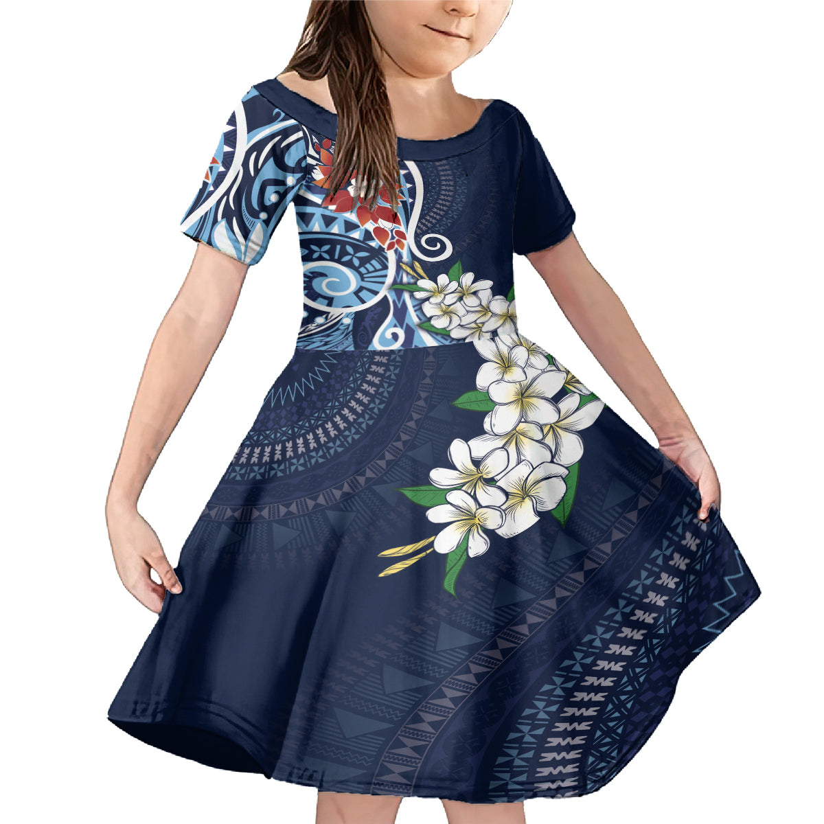 Bula Fiji Tagimaucia Mix Plumeria Masi Tapa Family Matching Mermaid Dress and Hawaiian Shirt Blue LT7 Daughter's Dress Blue - Polynesian Pride