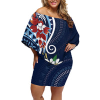 Bula Fiji Tagimaucia Mix Plumeria Masi Tapa Family Matching Off Shoulder Short Dress and Hawaiian Shirt Blue LT7 Mom's Dress Blue - Polynesian Pride