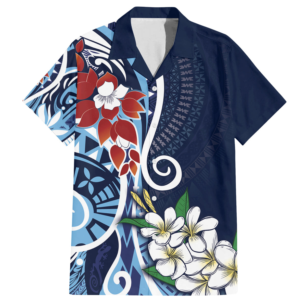 Bula Fiji Tagimaucia Mix Plumeria Masi Tapa Family Matching Tank Maxi Dress and Hawaiian Shirt Blue LT7 Dad's Shirt - Short Sleeve Blue - Polynesian Pride