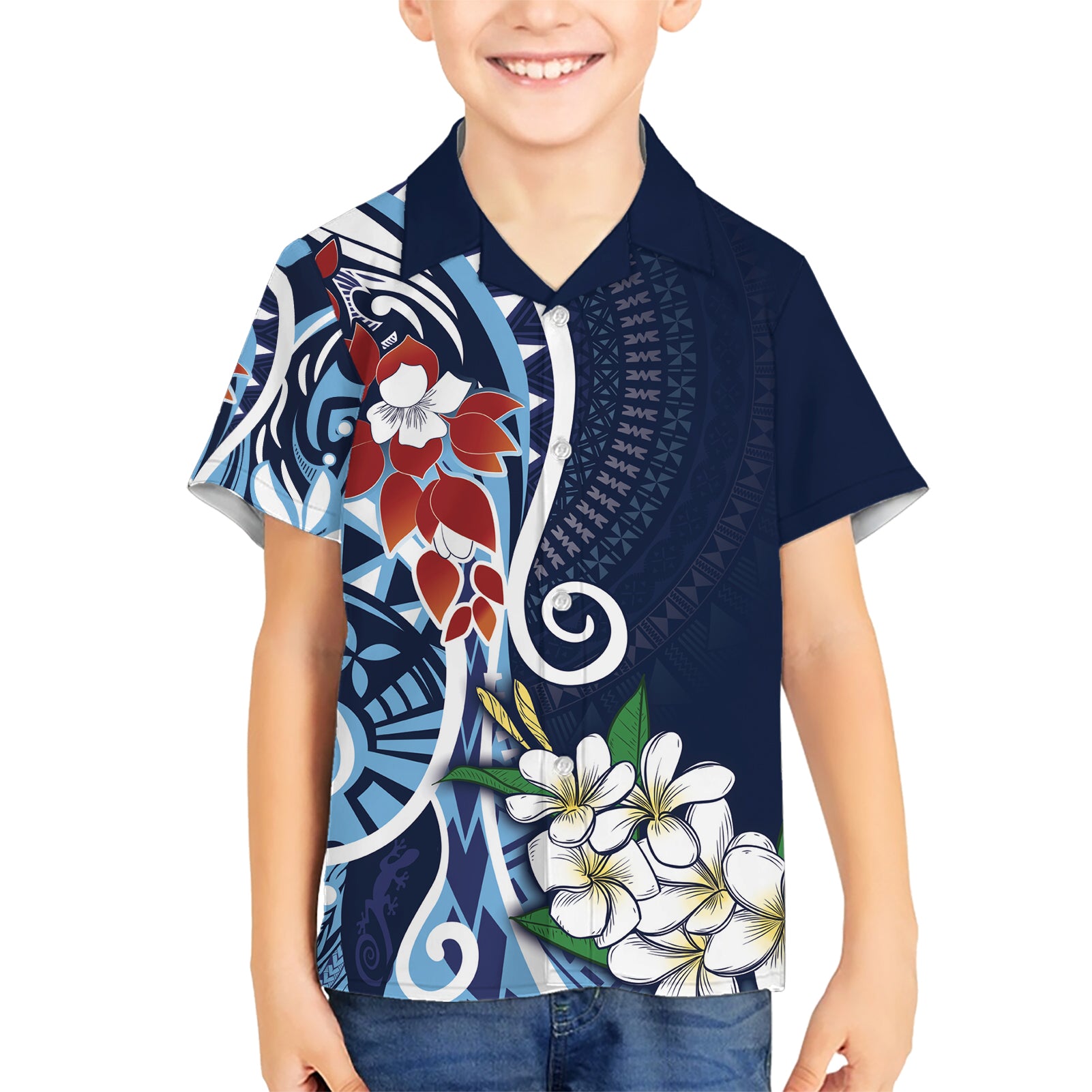 Bula Fiji Tagimaucia Mix Plumeria Masi Tapa Kid Hawaiian Shirt Blue LT7 Kid Blue - Polynesian Pride