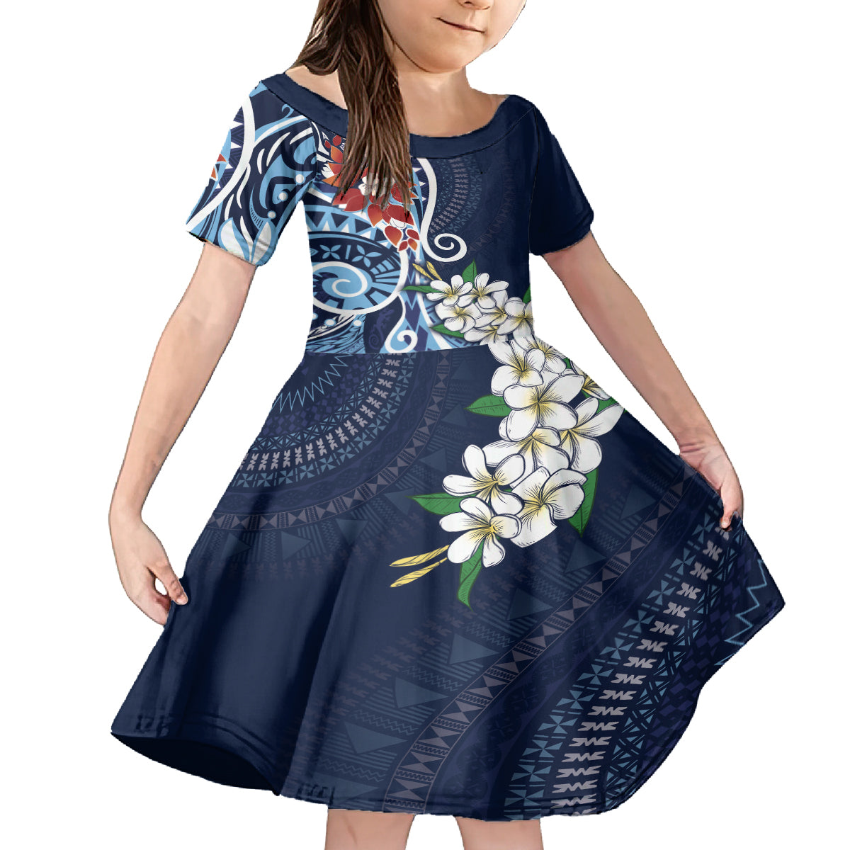 Bula Fiji Tagimaucia Mix Plumeria Masi Tapa Kid Short Sleeve Dress Blue LT7 KID Blue - Polynesian Pride