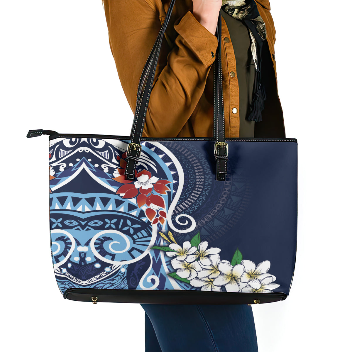 Bula Fiji Tagimaucia Mix Plumeria Masi Tapa Leather Tote Bag Blue