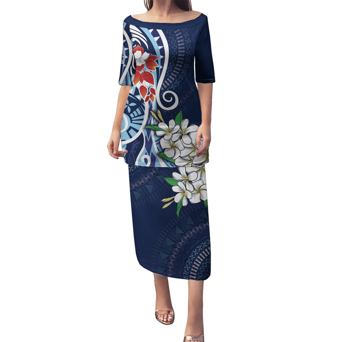 Bula Fiji Tagimaucia Mix Plumeria Masi Tapa Puletasi Blue LT7 Long Dress Blue - Polynesian Pride
