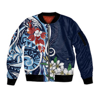 Bula Fiji Tagimaucia Mix Plumeria Masi Tapa Sleeve Zip Bomber Jacket Blue LT7 Unisex Blue - Polynesian Pride