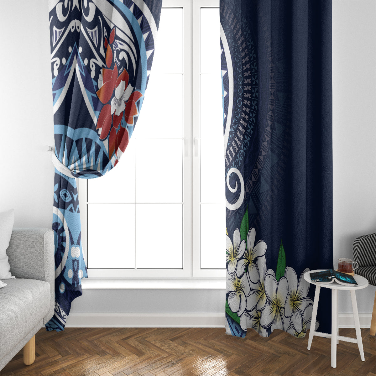 Bula Fiji Tagimaucia Mix Plumeria Masi Tapa Window Curtain Blue