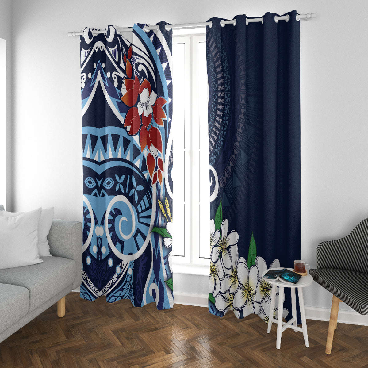 Bula Fiji Tagimaucia Mix Plumeria Masi Tapa Window Curtain Blue