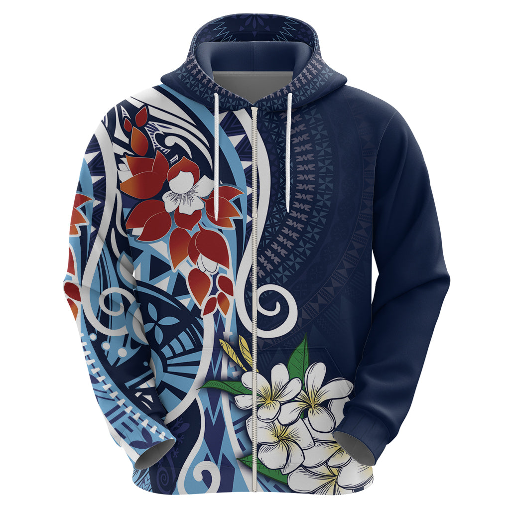 Bula Fiji Tagimaucia Mix Plumeria Masi Tapa Zip Hoodie Blue LT7 - Polynesian Pride