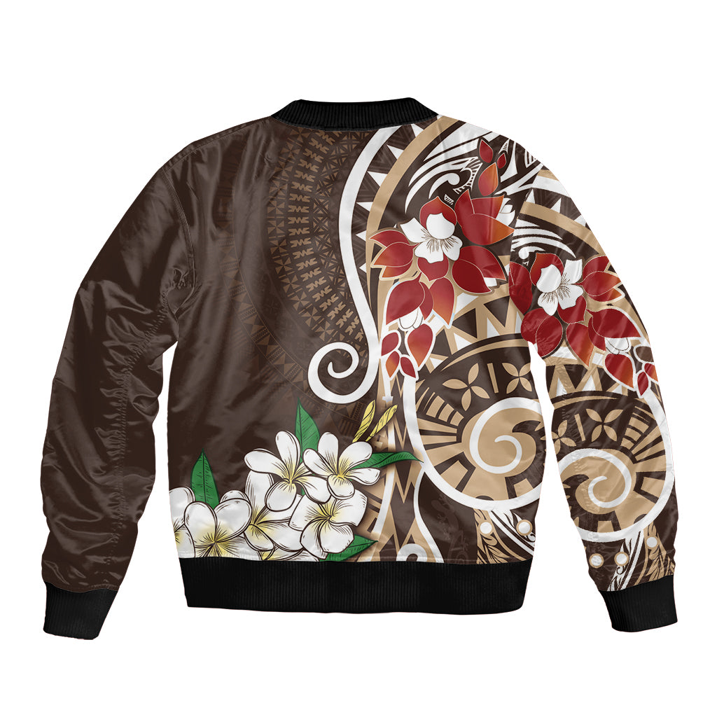 Bula Fiji Tagimaucia Mix Plumeria Masi Tapa Bomber Jacket Brown LT7 - Polynesian Pride