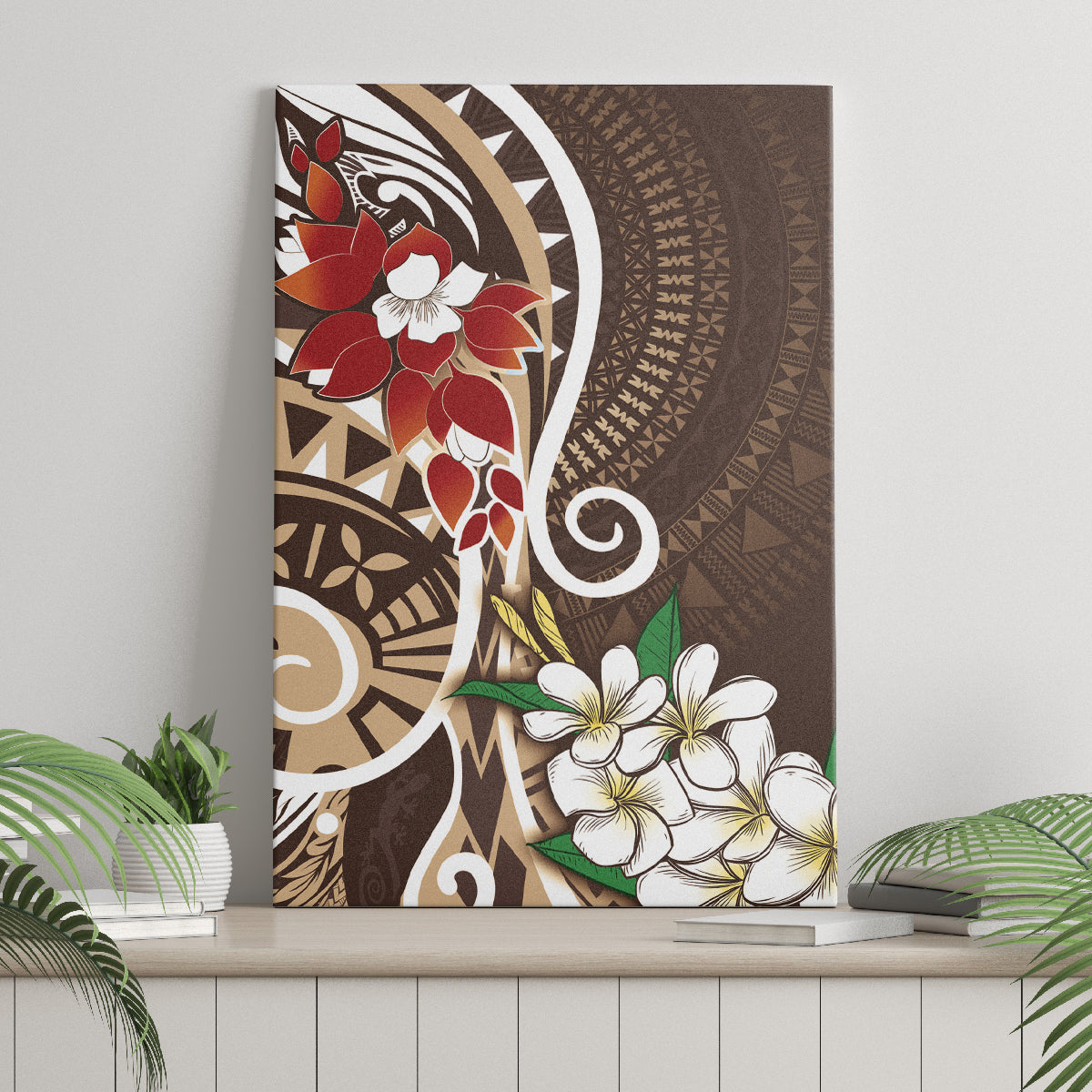 Bula Fiji Tagimaucia Mix Plumeria Masi Tapa Canvas Wall Art Brown