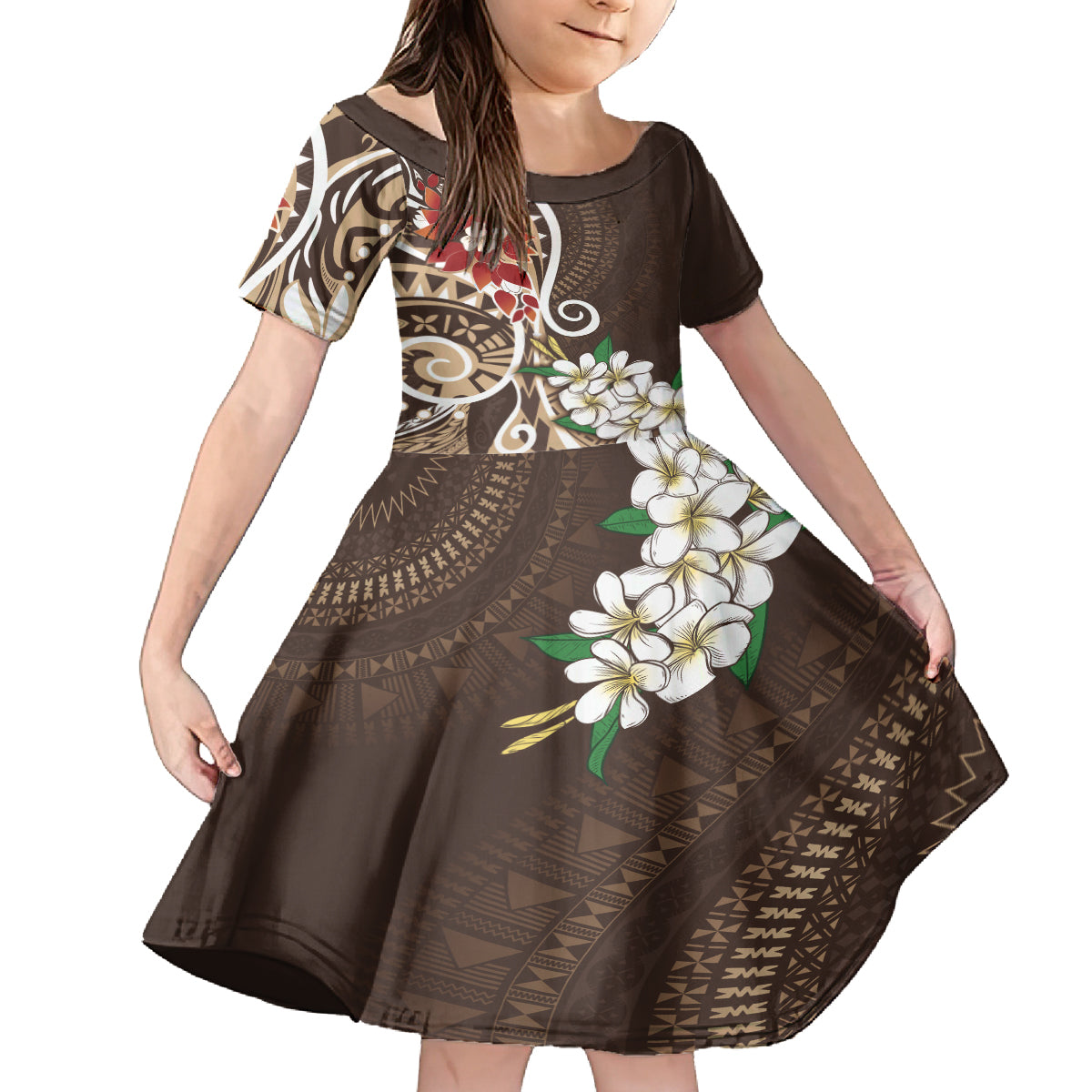 Bula Fiji Tagimaucia Mix Plumeria Masi Tapa Kid Short Sleeve Dress Brown LT7 KID Brown - Polynesian Pride