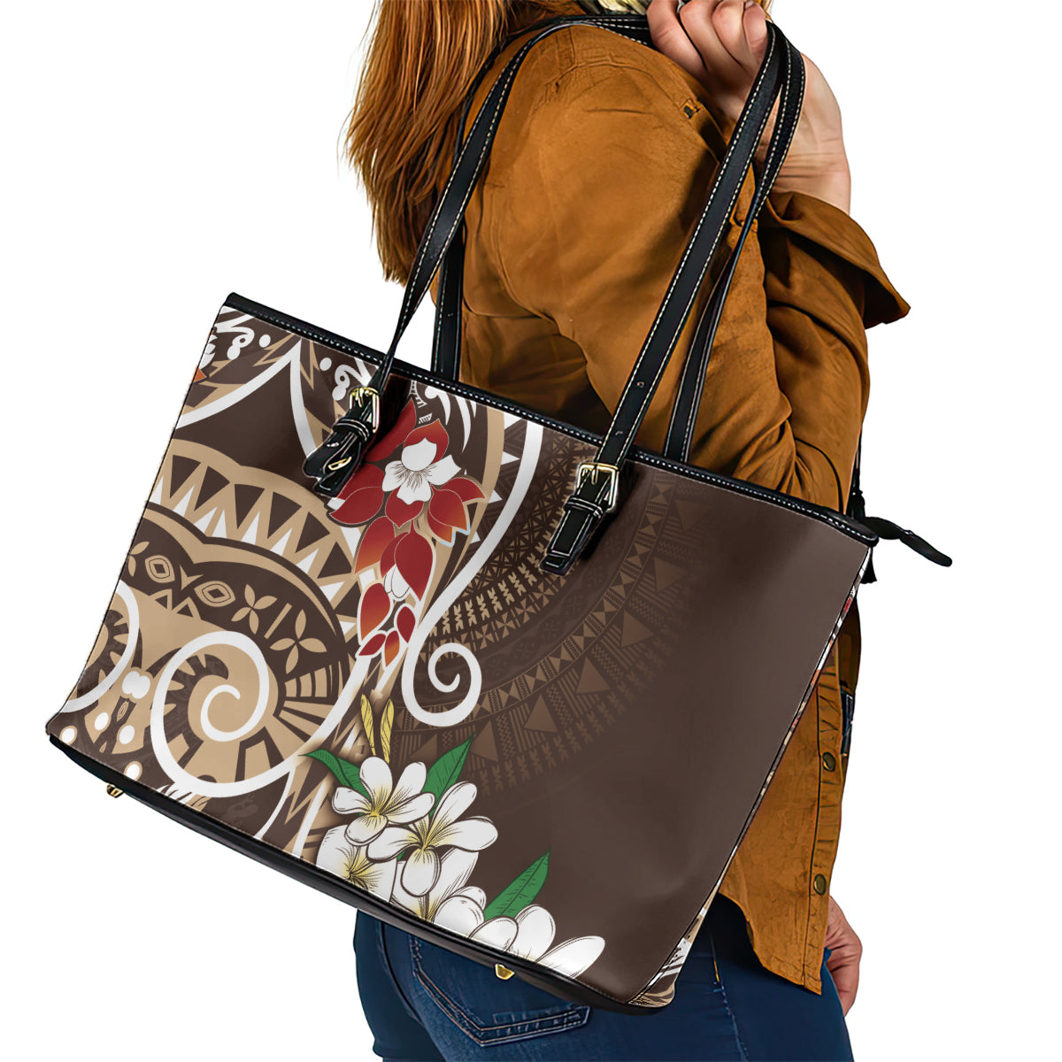 Bula Fiji Tagimaucia Mix Plumeria Masi Tapa Leather Tote Bag Brown