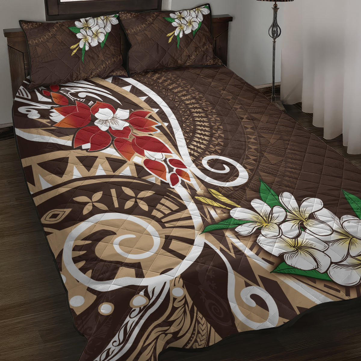 Bula Fiji Tagimaucia Mix Plumeria Masi Tapa Quilt Bed Set Brown