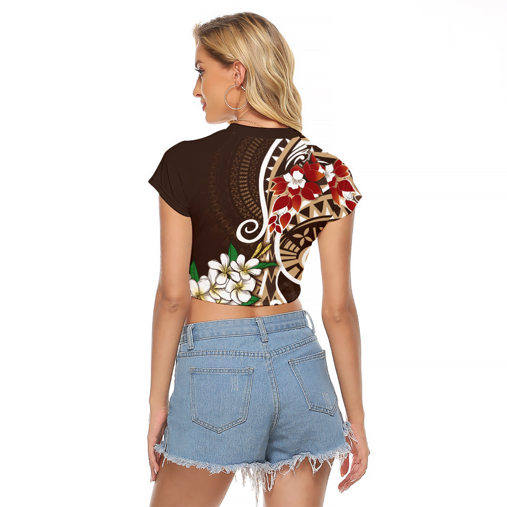 Bula Fiji Tagimaucia Mix Plumeria Masi Tapa Raglan Cropped T Shirt Brown LT7 - Polynesian Pride