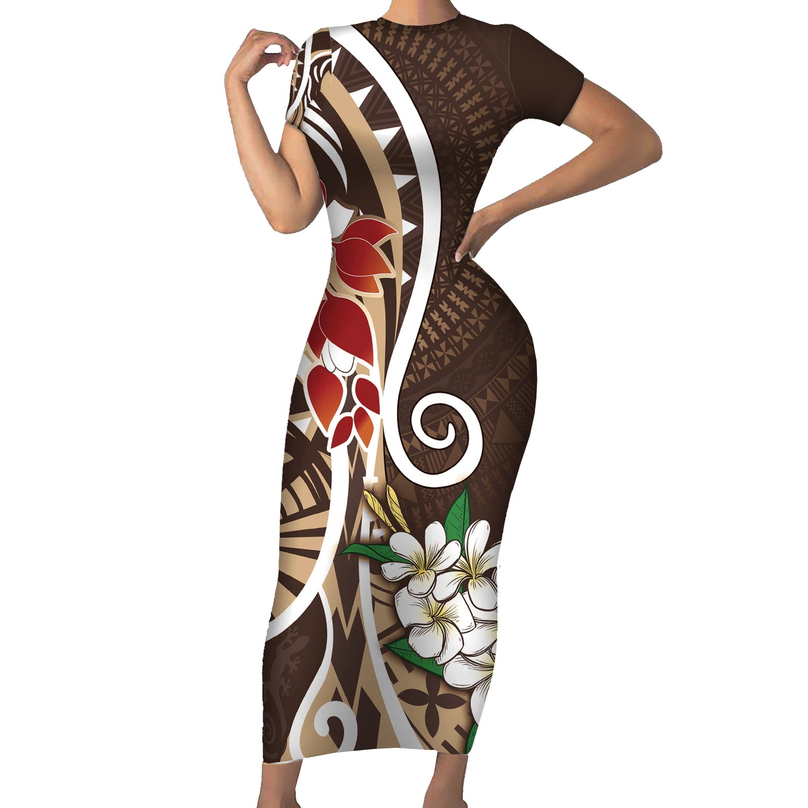 Bula Fiji Tagimaucia Mix Plumeria Masi Tapa Short Sleeve Bodycon Dress Brown LT7 Long Dress Brown - Polynesian Pride