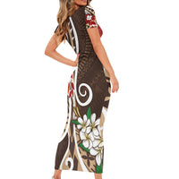 Bula Fiji Tagimaucia Mix Plumeria Masi Tapa Short Sleeve Bodycon Dress Brown LT7 - Polynesian Pride