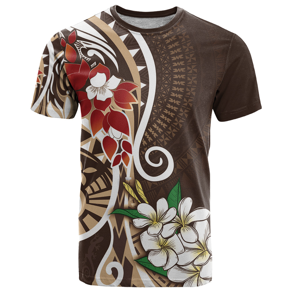 Bula Fiji Tagimaucia Mix Plumeria Masi Tapa T Shirt Brown LT7 Brown - Polynesian Pride