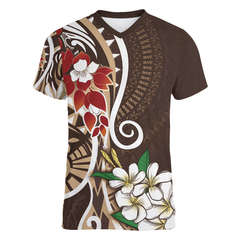 Bula Fiji Tagimaucia Mix Plumeria Masi Tapa Women V Neck T Shirt Brown LT7 Female Brown - Polynesian Pride