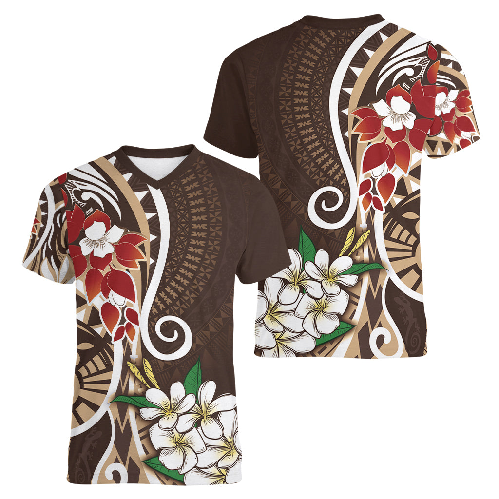 Bula Fiji Tagimaucia Mix Plumeria Masi Tapa Women V Neck T Shirt Brown LT7 - Polynesian Pride