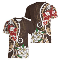 Bula Fiji Tagimaucia Mix Plumeria Masi Tapa Women V Neck T Shirt Brown LT7 - Polynesian Pride