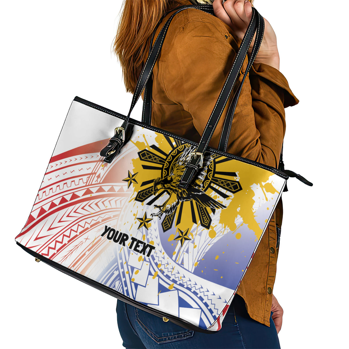 Philippines Independence Day Leather Tote Bag Eagle Mix Filipino Flag Tribal Style