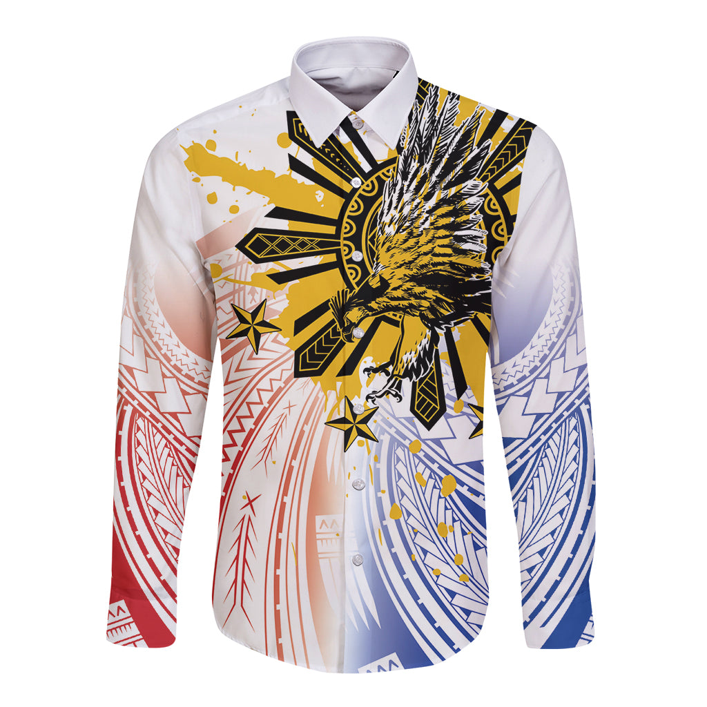 Philippines Independence Day Long Sleeve Button Shirt Eagle Mix Filipino Flag Tribal Style