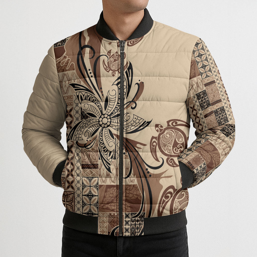 Talofa Samoa Mamanu Siapo Mix Malu Bomber Puffer Jacket Classic Beige Frangipani and Turtles LT7 - Polynesian Pride