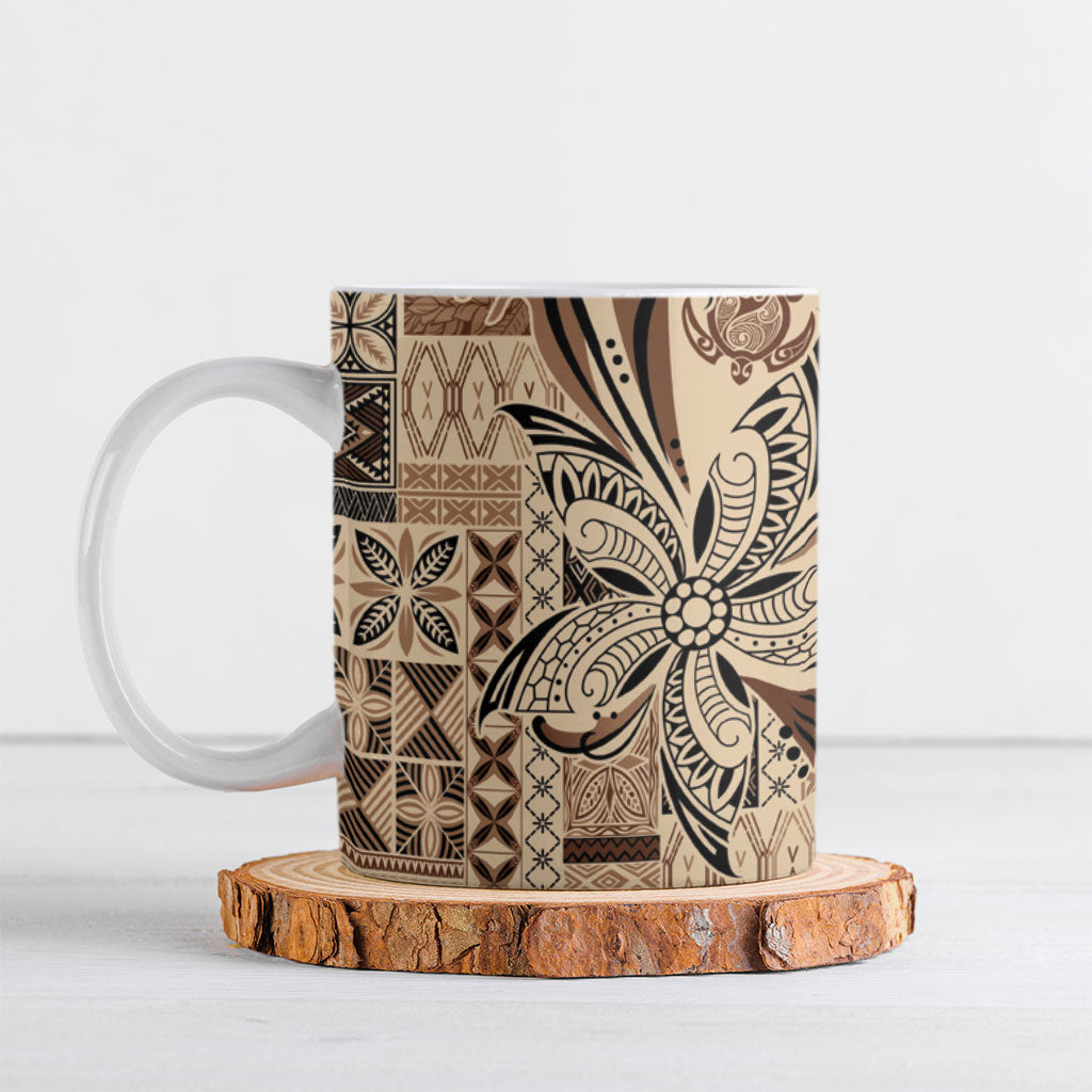 Talofa Samoa Mamanu Siapo Mix Malu Ceramic Mug Classic Beige Frangipani and Turtles