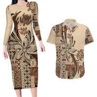 Talofa Samoa Mamanu Siapo Mix Malu Couples Matching Long Sleeve Bodycon Dress and Hawaiian Shirt Classic Beige Frangipani and Turtles