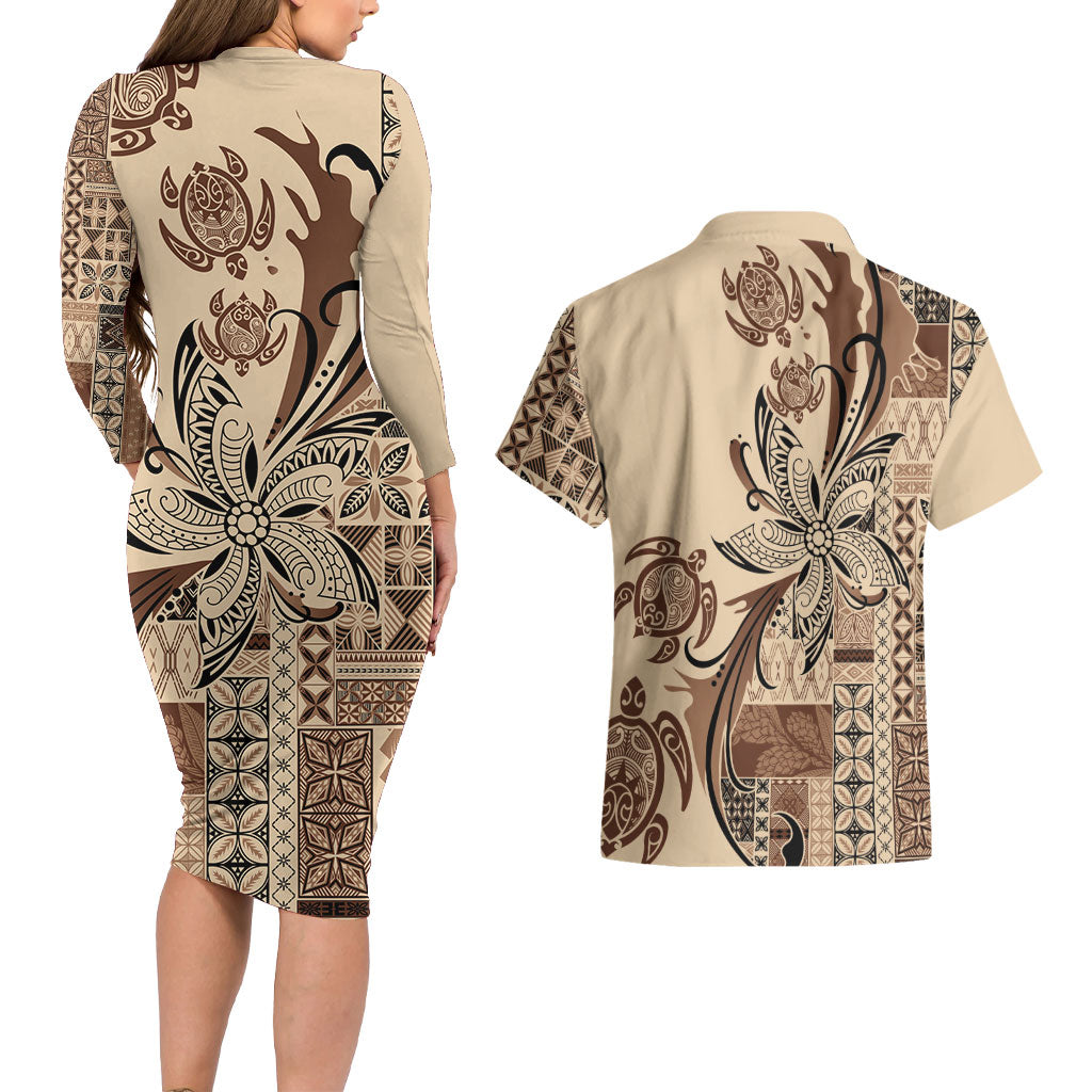 Talofa Samoa Mamanu Siapo Mix Malu Couples Matching Long Sleeve Bodycon Dress and Hawaiian Shirt Classic Beige Frangipani and Turtles