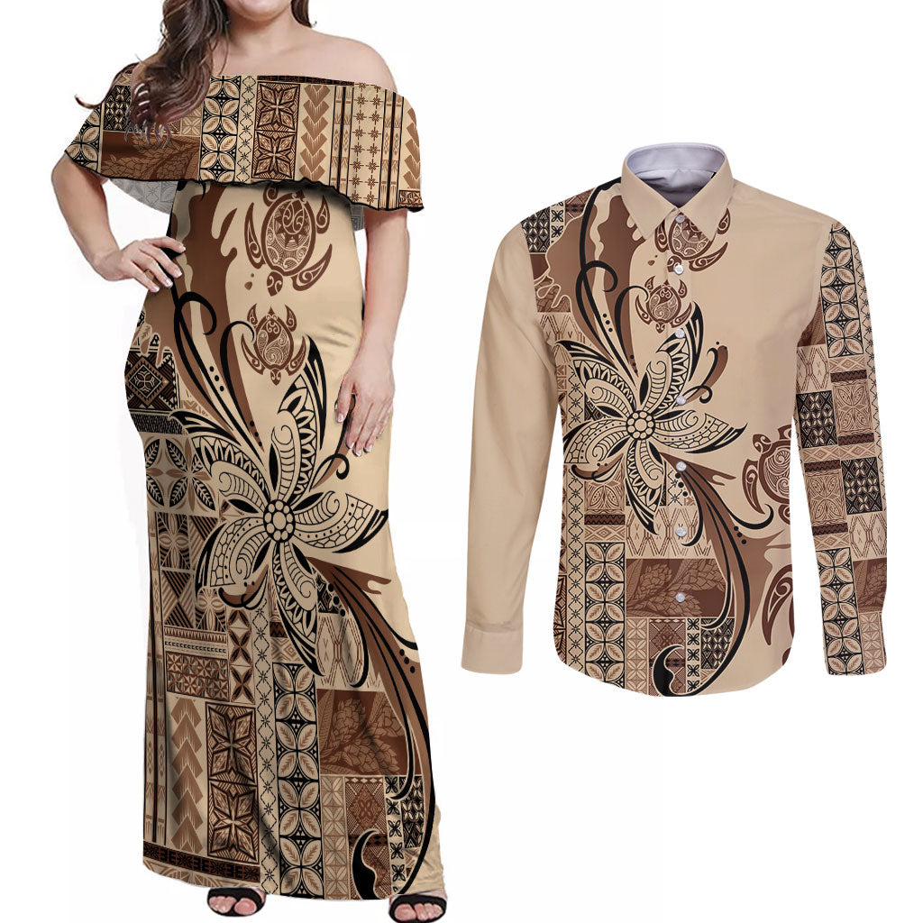Talofa Samoa Mamanu Siapo Mix Malu Couples Matching Off Shoulder Maxi Dress and Long Sleeve Button Shirt Classic Beige Frangipani and Turtles