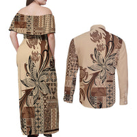 Talofa Samoa Mamanu Siapo Mix Malu Couples Matching Off Shoulder Maxi Dress and Long Sleeve Button Shirt Classic Beige Frangipani and Turtles