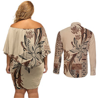 Talofa Samoa Mamanu Siapo Mix Malu Couples Matching Off Shoulder Short Dress and Long Sleeve Button Shirt Classic Beige Frangipani and Turtles