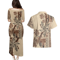 Talofa Samoa Mamanu Siapo Mix Malu Couples Matching Puletasi and Hawaiian Shirt Classic Beige Frangipani and Turtles