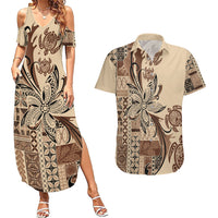 Talofa Samoa Mamanu Siapo Mix Malu Couples Matching Summer Maxi Dress and Hawaiian Shirt Classic Beige Frangipani and Turtles
