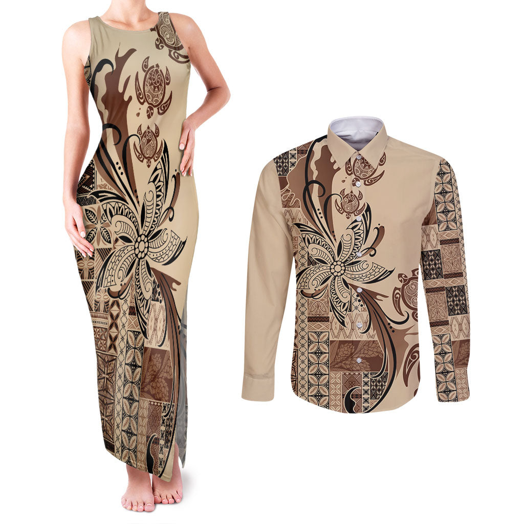 Talofa Samoa Mamanu Siapo Mix Malu Couples Matching Tank Maxi Dress and Long Sleeve Button Shirt Classic Beige Frangipani and Turtles