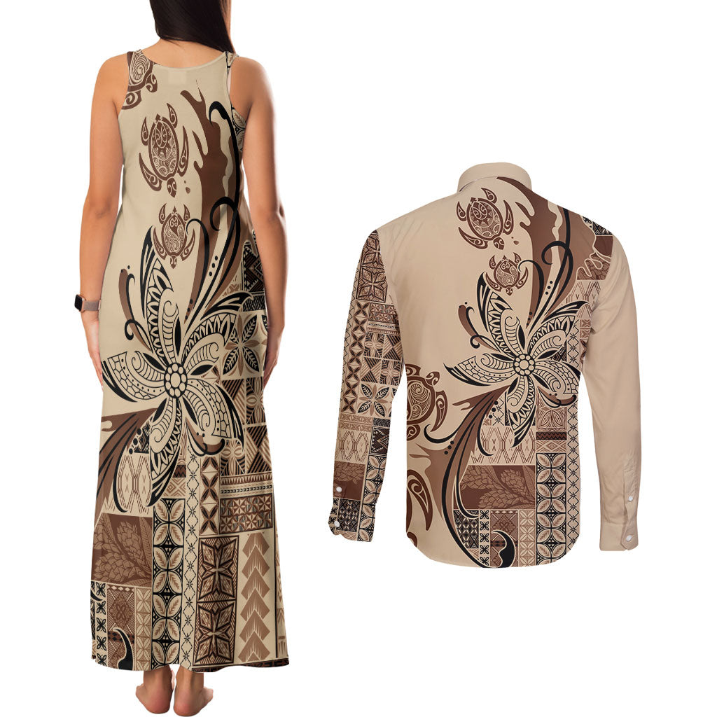 Talofa Samoa Mamanu Siapo Mix Malu Couples Matching Tank Maxi Dress and Long Sleeve Button Shirt Classic Beige Frangipani and Turtles