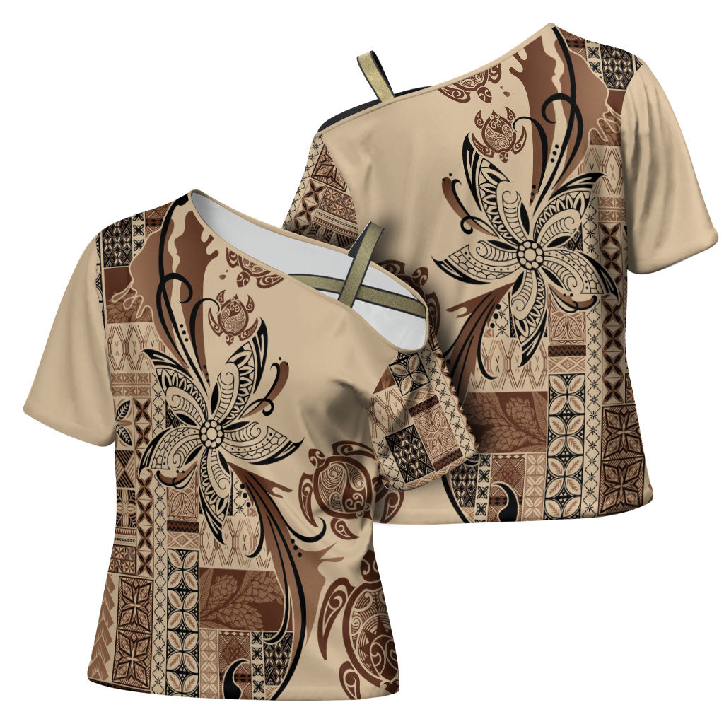 Talofa Samoa Mamanu Siapo Mix Malu Cross Shoulder Shirt Classic Beige Frangipani and Turtles