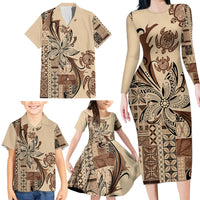 Talofa Samoa Mamanu Siapo Mix Malu Family Matching Long Sleeve Bodycon Dress and Hawaiian Shirt Classic Beige Frangipani and Turtles