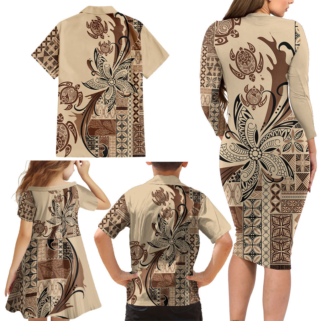 Talofa Samoa Mamanu Siapo Mix Malu Family Matching Long Sleeve Bodycon Dress and Hawaiian Shirt Classic Beige Frangipani and Turtles