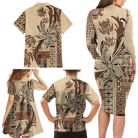 Talofa Samoa Mamanu Siapo Mix Malu Family Matching Long Sleeve Bodycon Dress and Hawaiian Shirt Classic Beige Frangipani and Turtles