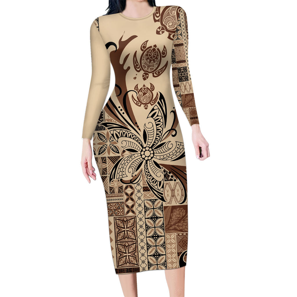 Talofa Samoa Mamanu Siapo Mix Malu Family Matching Long Sleeve Bodycon Dress and Hawaiian Shirt Classic Beige Frangipani and Turtles