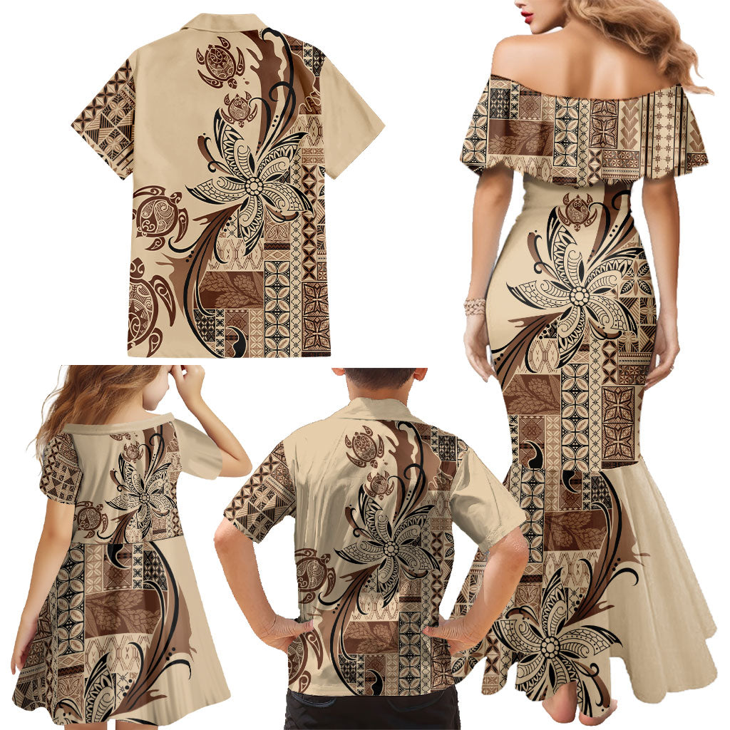 Talofa Samoa Mamanu Siapo Mix Malu Family Matching Mermaid Dress and Hawaiian Shirt Classic Beige Frangipani and Turtles