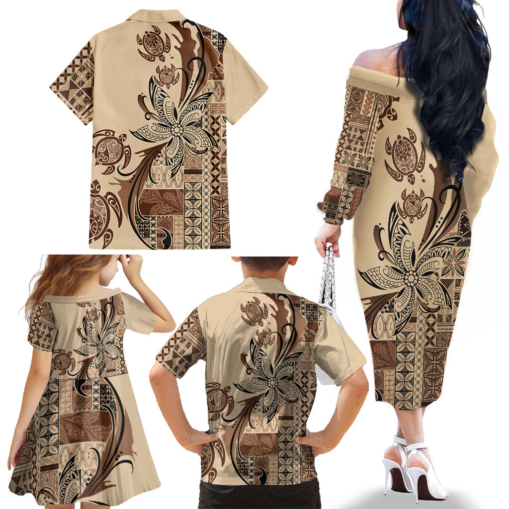 Talofa Samoa Mamanu Siapo Mix Malu Family Matching Off The Shoulder Long Sleeve Dress and Hawaiian Shirt Classic Beige Frangipani and Turtles