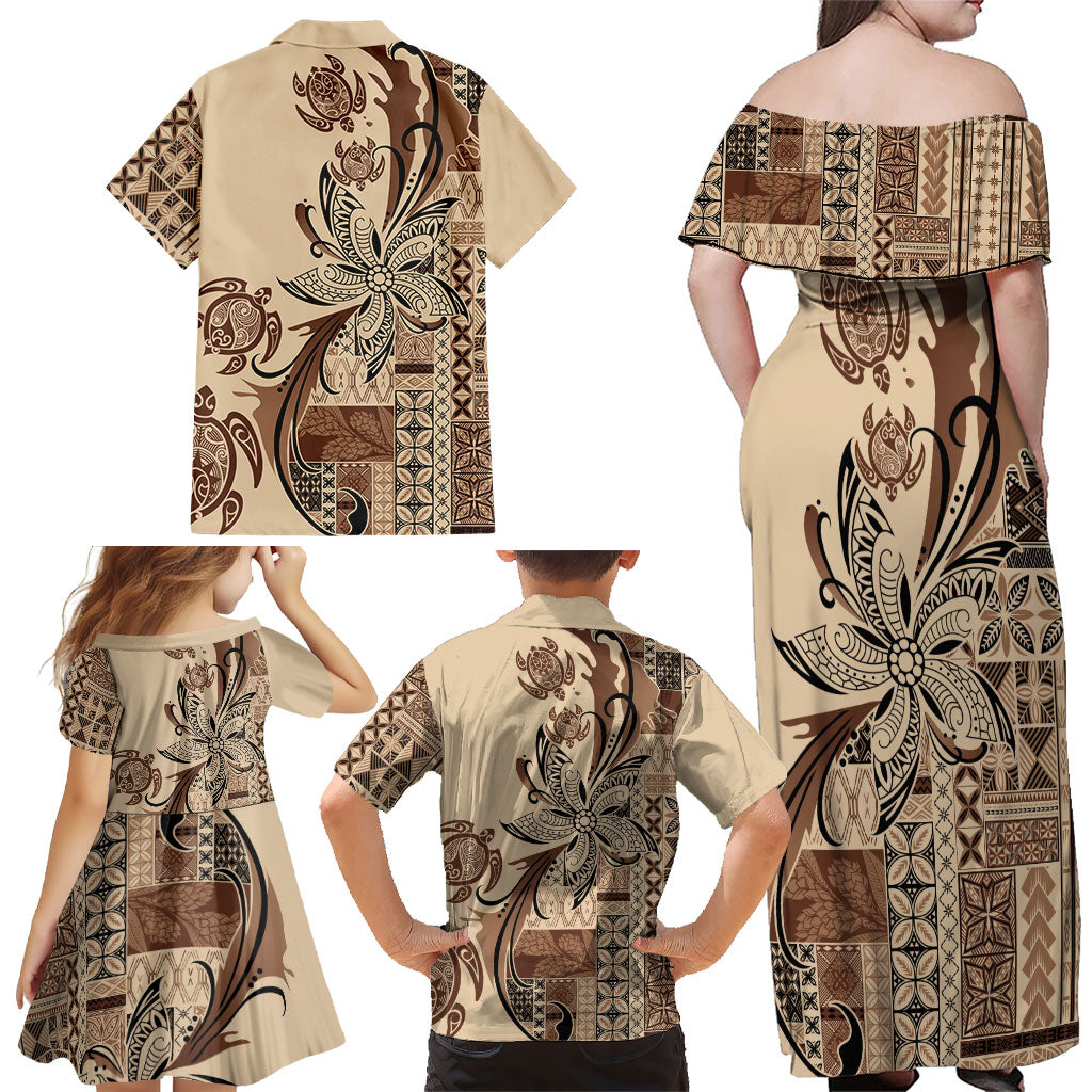 Talofa Samoa Mamanu Siapo Mix Malu Family Matching Off Shoulder Maxi Dress and Hawaiian Shirt Classic Beige Frangipani and Turtles