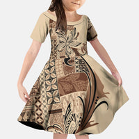 Talofa Samoa Mamanu Siapo Mix Malu Family Matching Off Shoulder Short Dress and Hawaiian Shirt Classic Beige Frangipani and Turtles