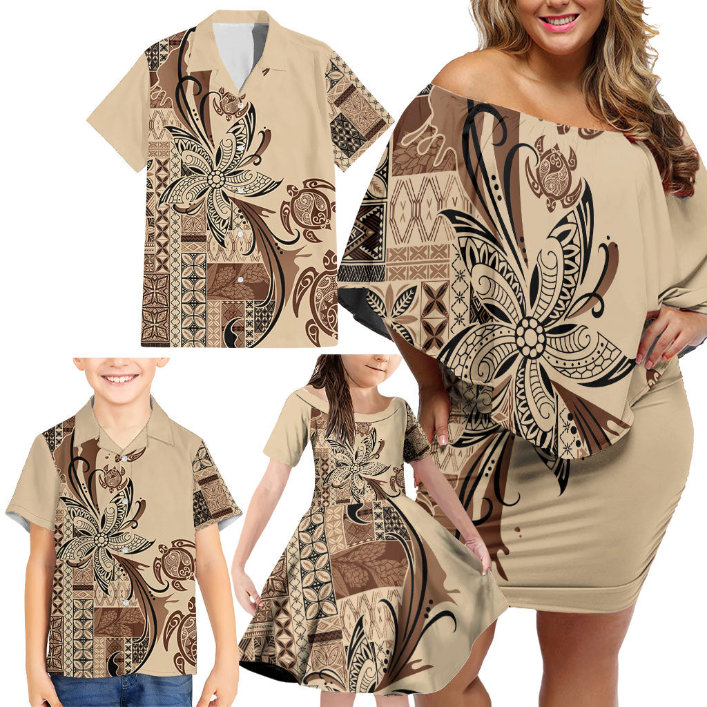 Talofa Samoa Mamanu Siapo Mix Malu Family Matching Off Shoulder Short Dress and Hawaiian Shirt Classic Beige Frangipani and Turtles