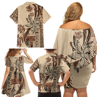 Talofa Samoa Mamanu Siapo Mix Malu Family Matching Off Shoulder Short Dress and Hawaiian Shirt Classic Beige Frangipani and Turtles
